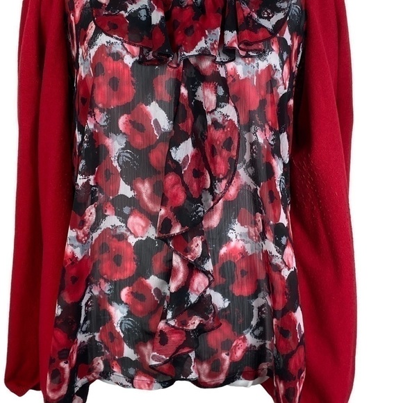 Elementz Floral‎ Sheer 2-Layer Ruffle Open Sweater Cardigan Women's XL Red Black - Picture 4 of 11